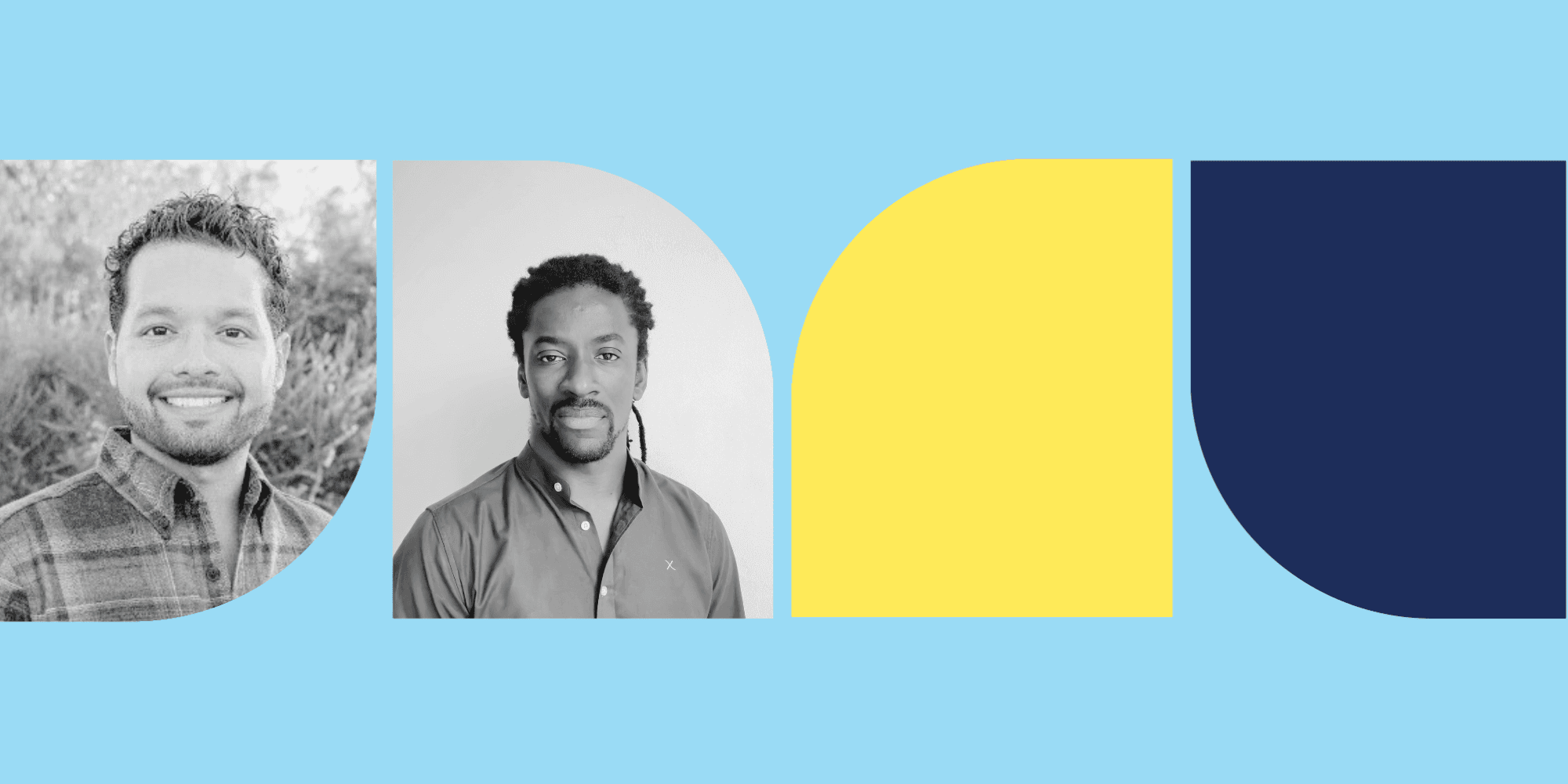 Two people facing the camera. The person on the far left wears a plaid shirt and has short hair. The person next to them wears a button-down shirt and dark hair.